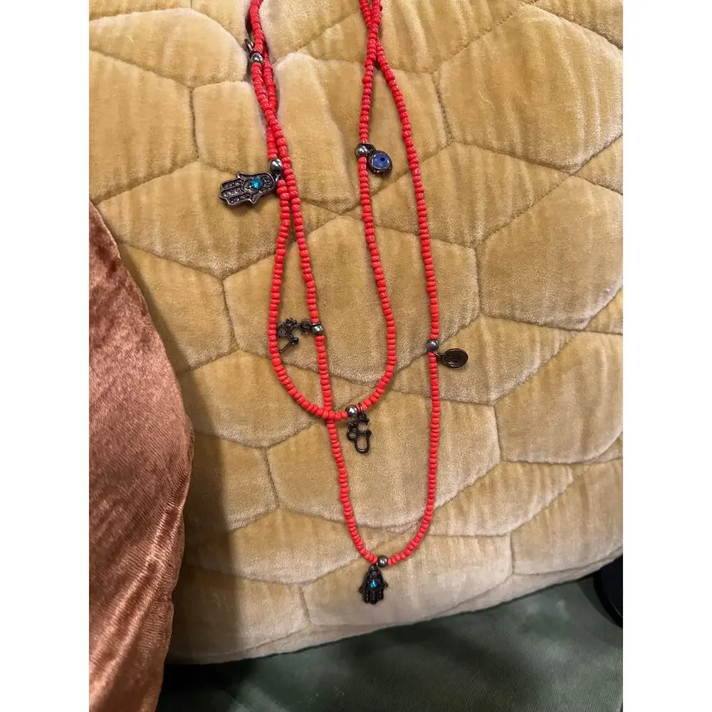 Long Red Seed Bead Hamsa Evil Eye Charm Necklace Boho Y2K